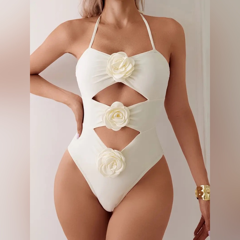 White Floral Cutout One Piece Swimsuit